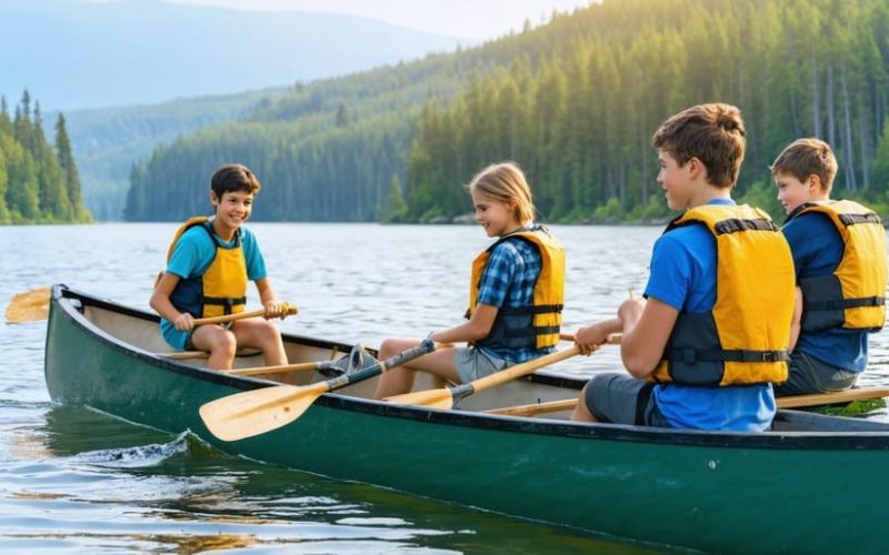 Aventureiros em canoa no lago